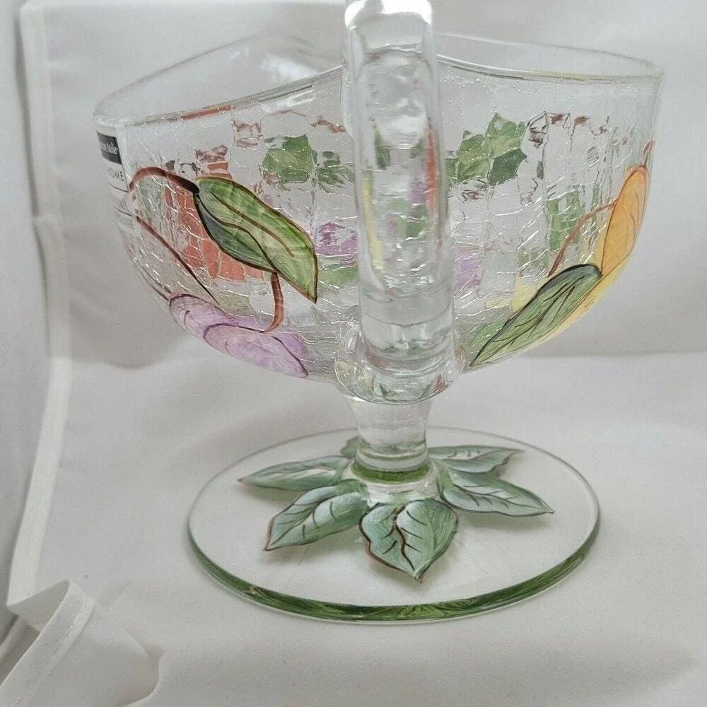 American Atelier Crackle Glass Fruit Gravy Boat Pitcher Romania‎ Hand Paint Leaf